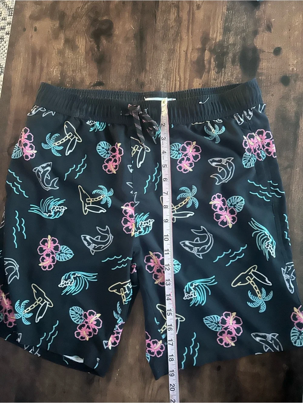 Black Tropical Print Swim Trunks with Pink & Teal Accents